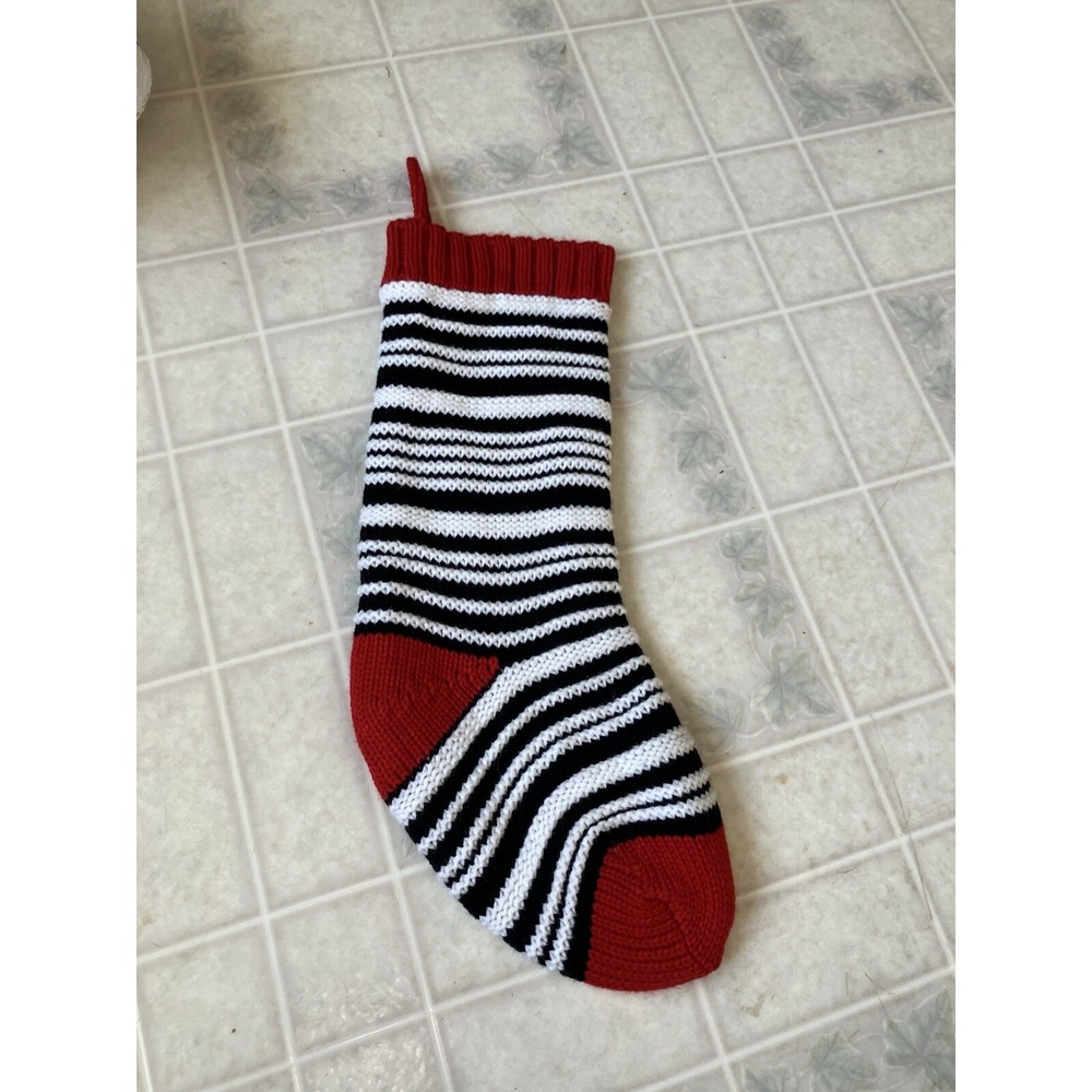 Enchanted Forest Christmas Stocking Black & White Stripe Red Toe and Heel‎ 21"